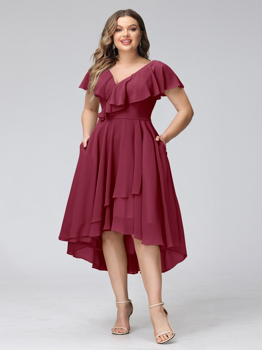 A-Line V-Neck Short Sleeves Asymmetrical Chiffon Plus Size Bridesmaid Dresses With Pockets
