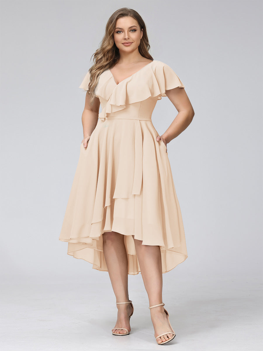 A-Line V-Neck Short Sleeves Asymmetrical Chiffon Plus Size Bridesmaid Dresses With Pockets
