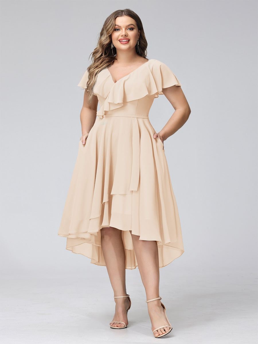 A-Line V-Neck Short Sleeves Asymmetrical Chiffon Plus Size Bridesmaid Dresses With Pockets