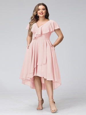 A-Line V-Neck Short Sleeves Asymmetrical Chiffon Plus Size Bridesmaid Dresses With Pockets
