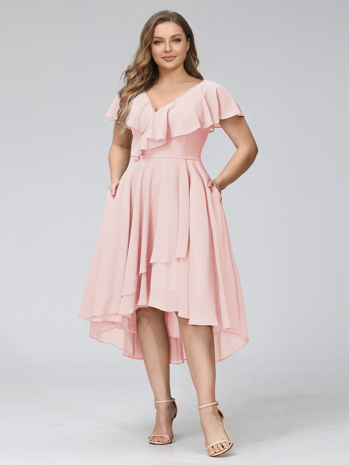 A-Line V-Neck Short Sleeves Asymmetrical Chiffon Plus Size Bridesmaid Dresses With Pockets