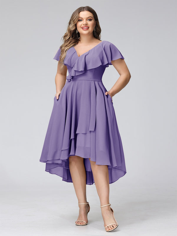 A-Line V-Neck Short Sleeves Asymmetrical Chiffon Plus Size Bridesmaid Dresses With Pockets