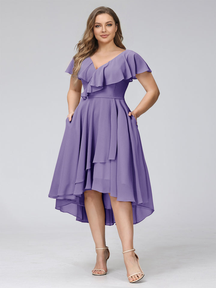 A-Line V-Neck Short Sleeves Asymmetrical Chiffon Plus Size Bridesmaid Dresses With Pockets