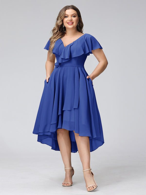 A-Line V-Neck Short Sleeves Asymmetrical Chiffon Plus Size Bridesmaid Dresses With Pockets