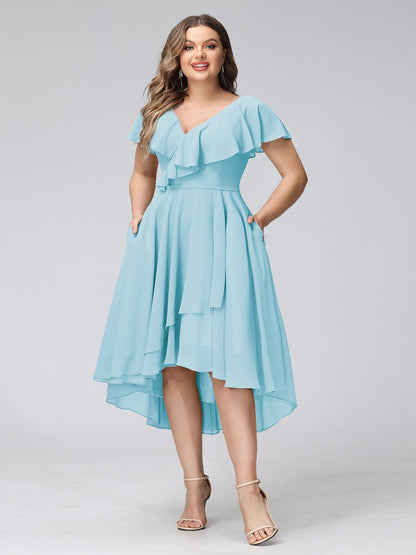 A-Line V-Neck Short Sleeves Asymmetrical Chiffon Plus Size Bridesmaid Dresses With Pockets