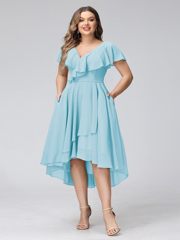 A-Line V-Neck Short Sleeves Asymmetrical Chiffon Plus Size Bridesmaid Dresses With Pockets