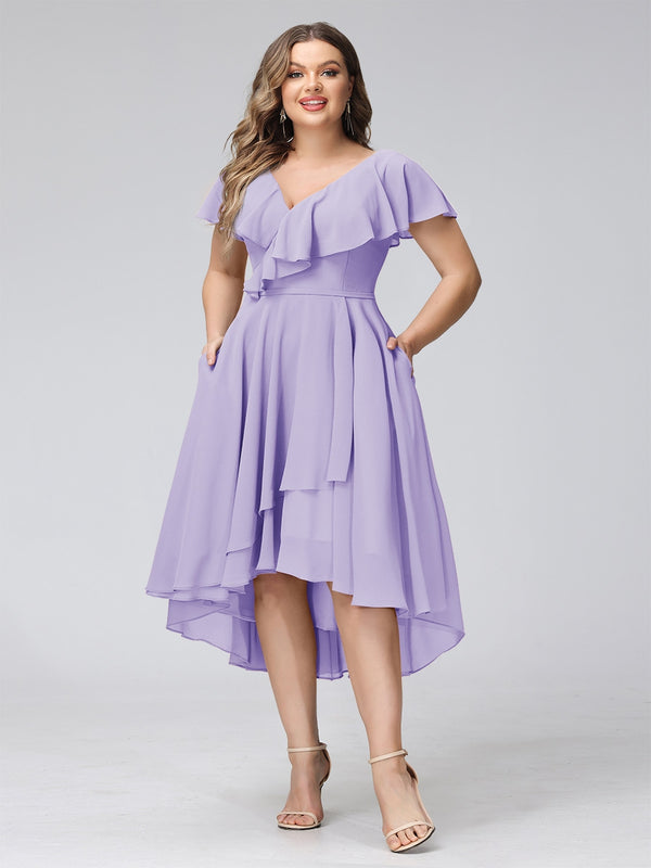 A-Line V-Neck Short Sleeves Asymmetrical Chiffon Plus Size Bridesmaid Dresses With Pockets
