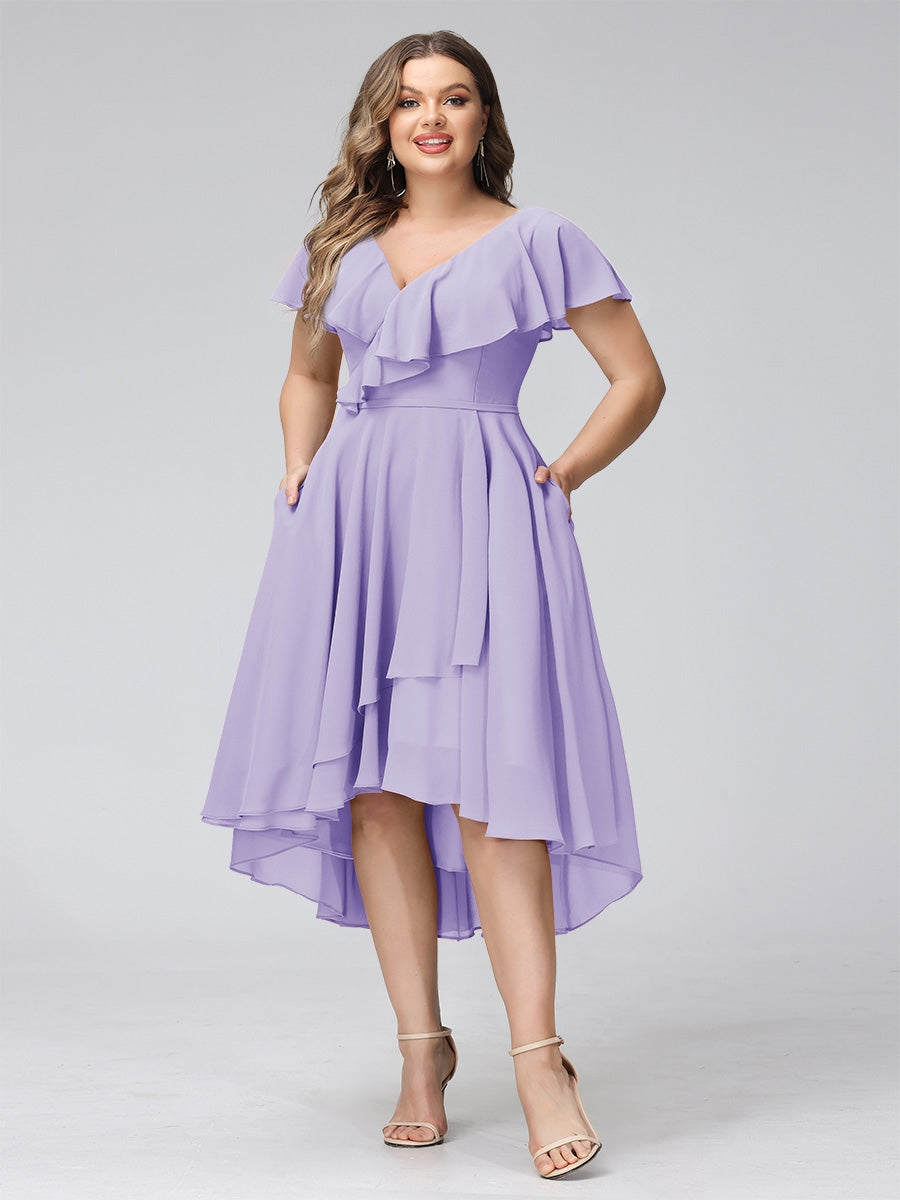 A-Line V-Neck Short Sleeves Asymmetrical Chiffon Plus Size Bridesmaid Dresses With Pockets