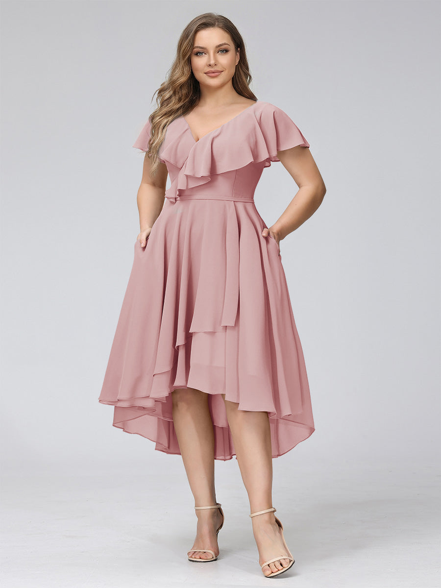 A-Line V-Neck Short Sleeves Asymmetrical Chiffon Plus Size Bridesmaid Dresses With Pockets