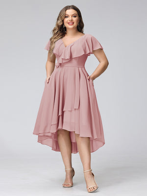 A-Line V-Neck Short Sleeves Asymmetrical Chiffon Plus Size Bridesmaid Dresses With Pockets