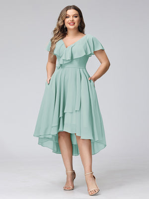 A-Line V-Neck Short Sleeves Asymmetrical Chiffon Plus Size Bridesmaid Dresses With Pockets