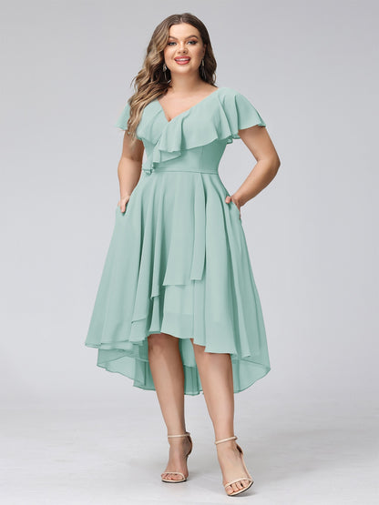 A-Line V-Neck Short Sleeves Asymmetrical Chiffon Plus Size Bridesmaid Dresses With Pockets
