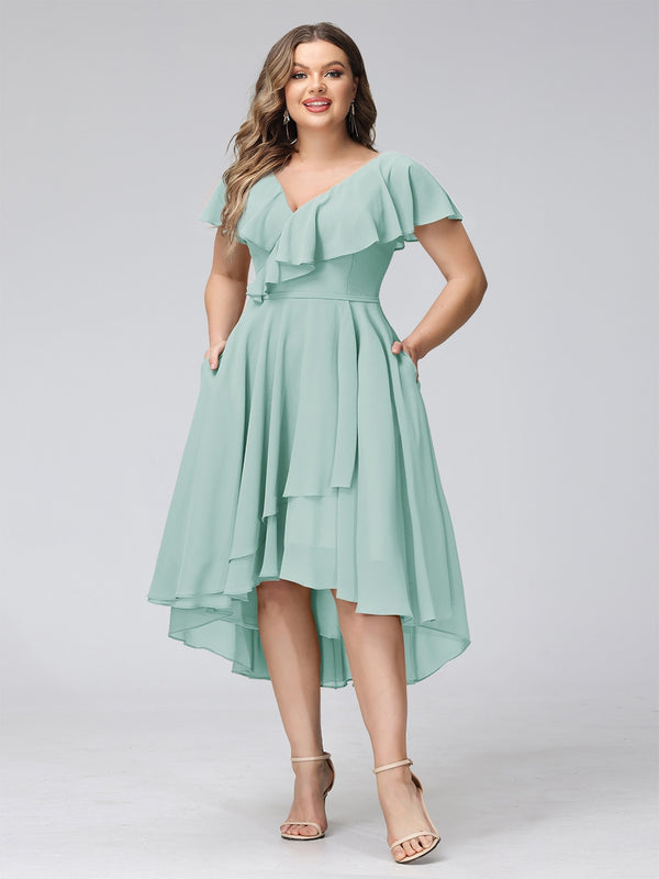 A-Line V-Neck Short Sleeves Asymmetrical Chiffon Plus Size Bridesmaid Dresses With Pockets