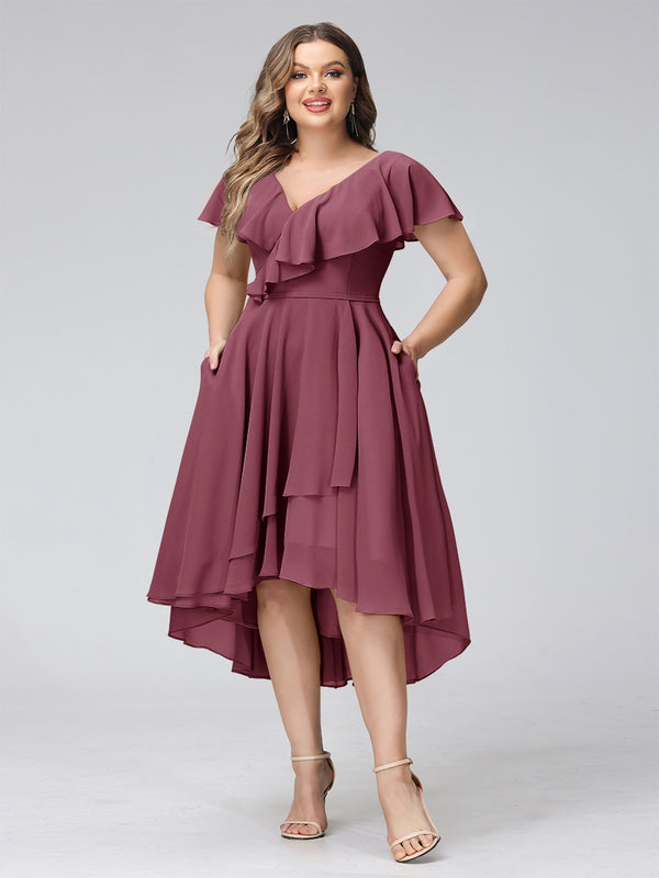 A-Line V-Neck Short Sleeves Asymmetrical Chiffon Plus Size Bridesmaid Dresses With Pockets