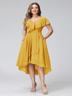 A-Line V-Neck Short Sleeves Asymmetrical Chiffon Plus Size Bridesmaid Dresses With Pockets