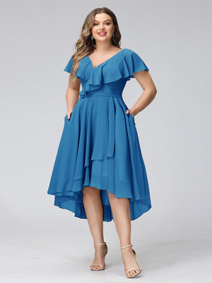 A-Line V-Neck Short Sleeves Asymmetrical Chiffon Plus Size Bridesmaid Dresses With Pockets