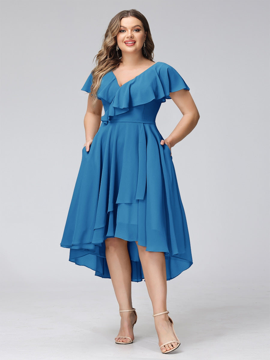 A-Line V-Neck Short Sleeves Asymmetrical Chiffon Plus Size Bridesmaid Dresses With Pockets