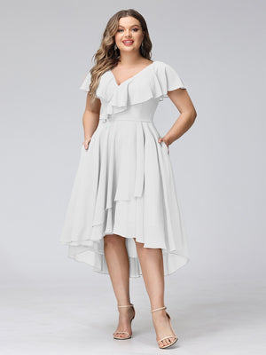 A-Line V-Neck Short Sleeves Asymmetrical Chiffon Plus Size Bridesmaid Dresses With Pockets