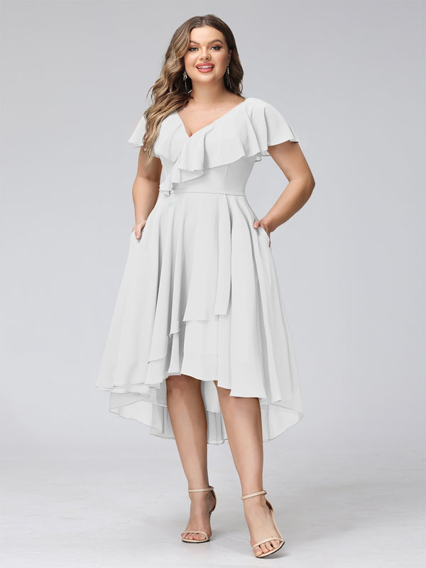 A-Line V-Neck Short Sleeves Asymmetrical Chiffon Plus Size Bridesmaid Dresses With Pockets