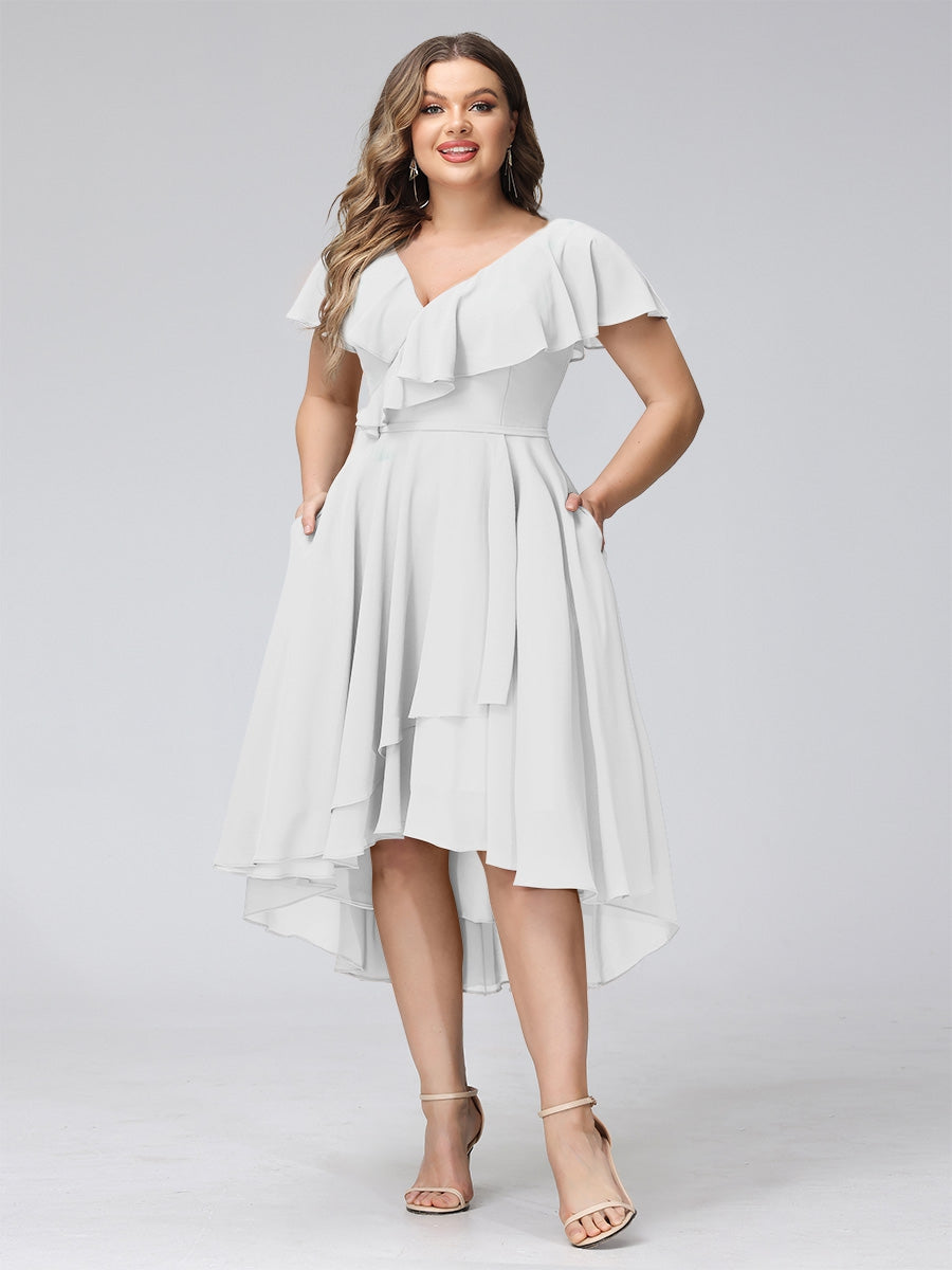 A-Line V-Neck Short Sleeves Asymmetrical Chiffon Plus Size Bridesmaid Dresses With Pockets
