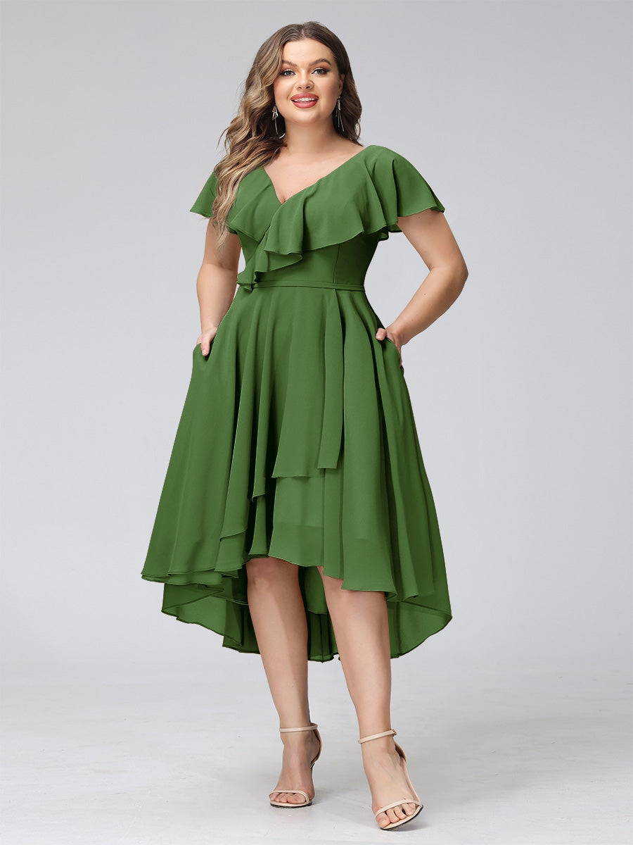A-Line V-Neck Short Sleeves Asymmetrical Chiffon Plus Size Bridesmaid Dresses With Pockets