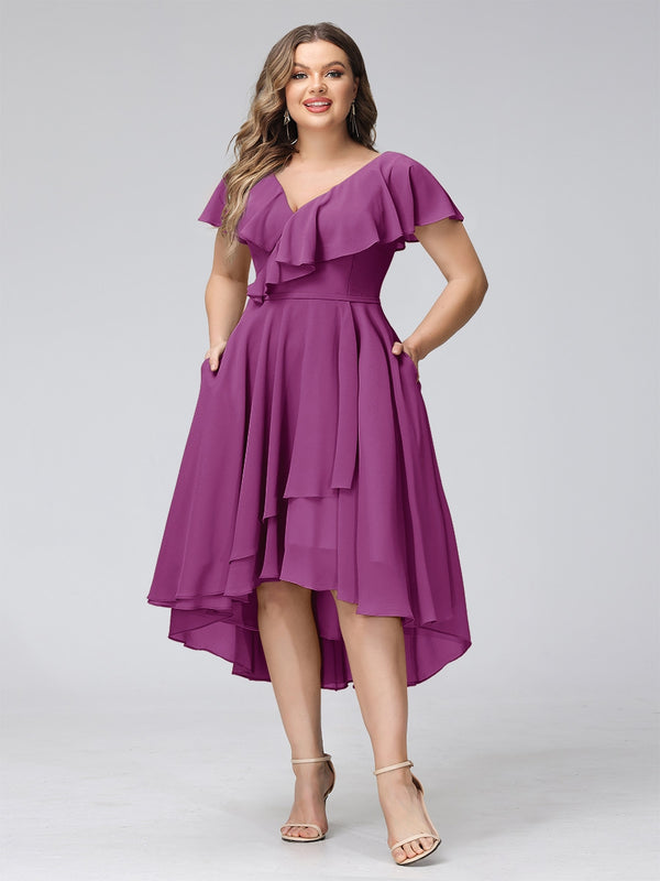 A-Line V-Neck Short Sleeves Asymmetrical Chiffon Plus Size Bridesmaid Dresses With Pockets