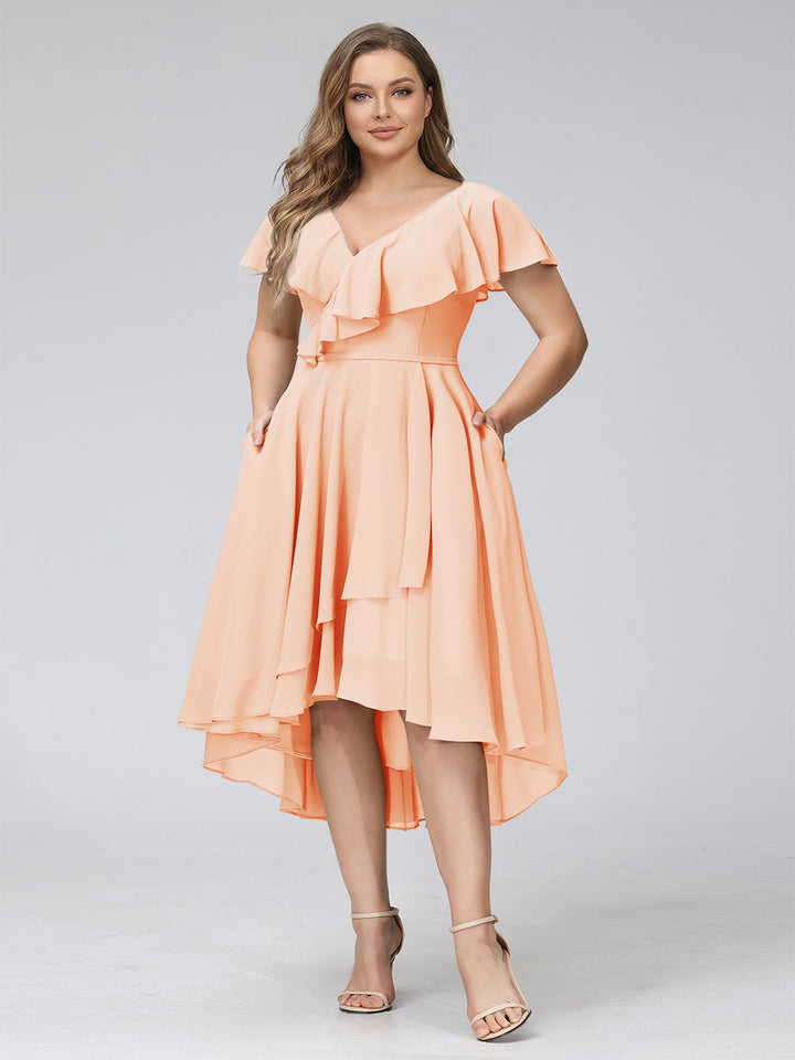 A-Line V-Neck Short Sleeves Asymmetrical Chiffon Plus Size Bridesmaid Dresses With Pockets