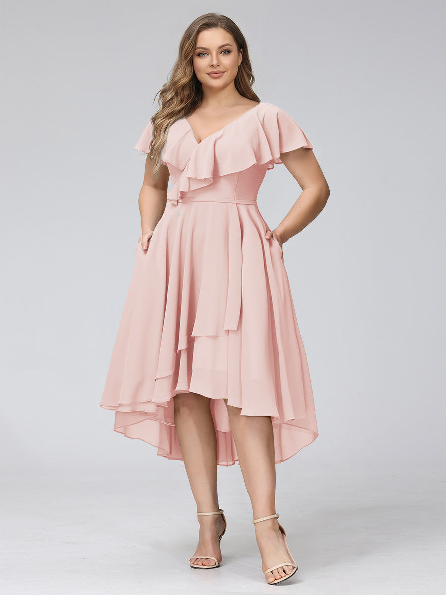 A-Line V-Neck Short Sleeves Asymmetrical Chiffon Plus Size Bridesmaid Dresses With Pockets