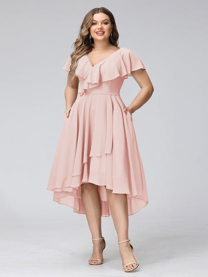 A-Line V-Neck Short Sleeves Asymmetrical Chiffon Plus Size Bridesmaid Dresses With Pockets