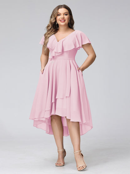 A-Line V-Neck Short Sleeves Asymmetrical Chiffon Plus Size Bridesmaid Dresses With Pockets