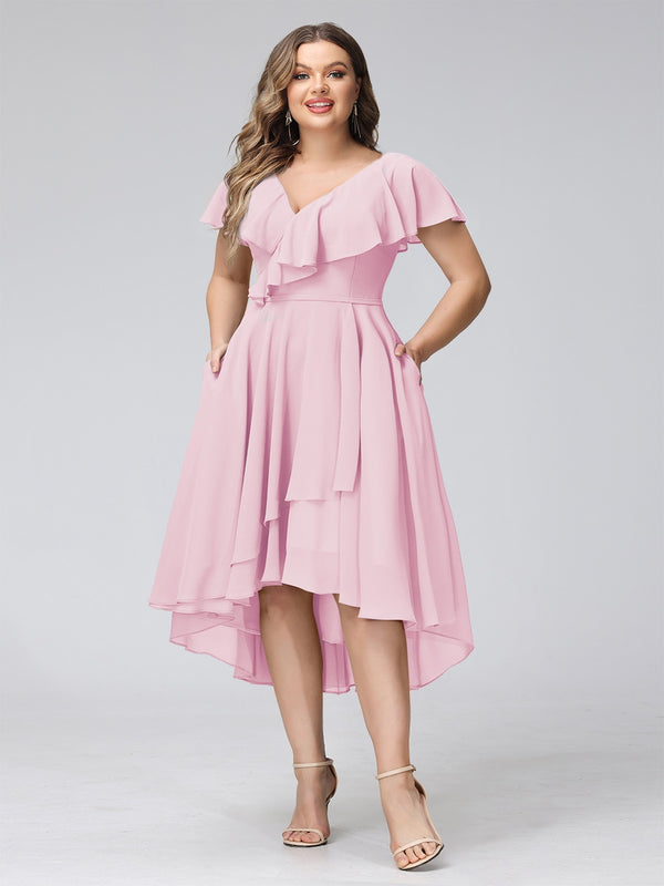 A-Line V-Neck Short Sleeves Asymmetrical Chiffon Plus Size Bridesmaid Dresses With Pockets