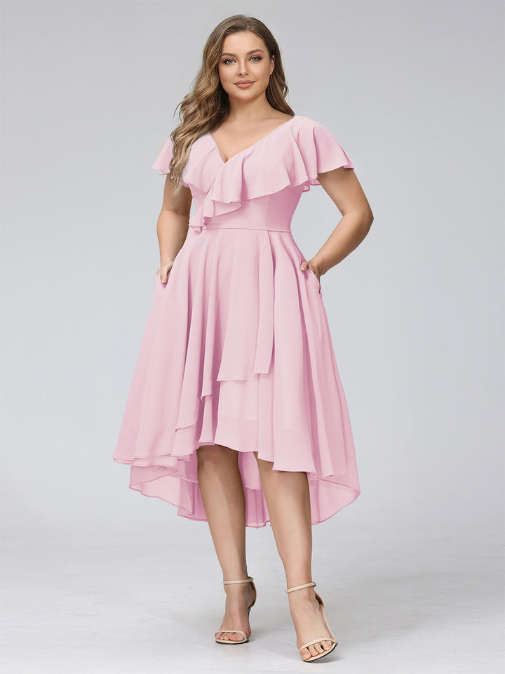 A-Line V-Neck Short Sleeves Asymmetrical Chiffon Plus Size Bridesmaid Dresses With Pockets