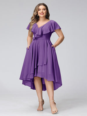 A-Line V-Neck Short Sleeves Asymmetrical Chiffon Plus Size Bridesmaid Dresses With Pockets