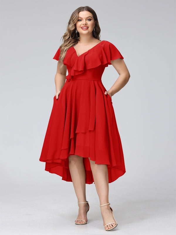 A-Line V-Neck Short Sleeves Asymmetrical Chiffon Plus Size Bridesmaid Dresses With Pockets