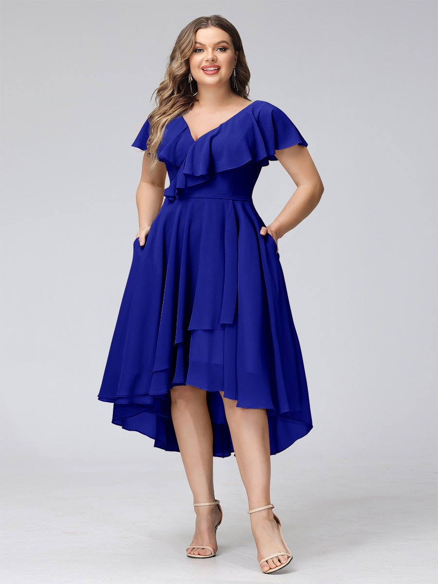 A-Line V-Neck Short Sleeves Asymmetrical Chiffon Plus Size Bridesmaid Dresses With Pockets