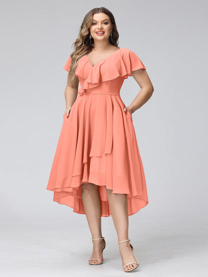 A-Line V-Neck Short Sleeves Asymmetrical Chiffon Plus Size Bridesmaid Dresses With Pockets