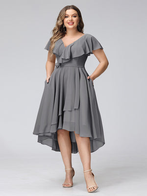 A-Line V-Neck Short Sleeves Asymmetrical Chiffon Plus Size Bridesmaid Dresses With Pockets
