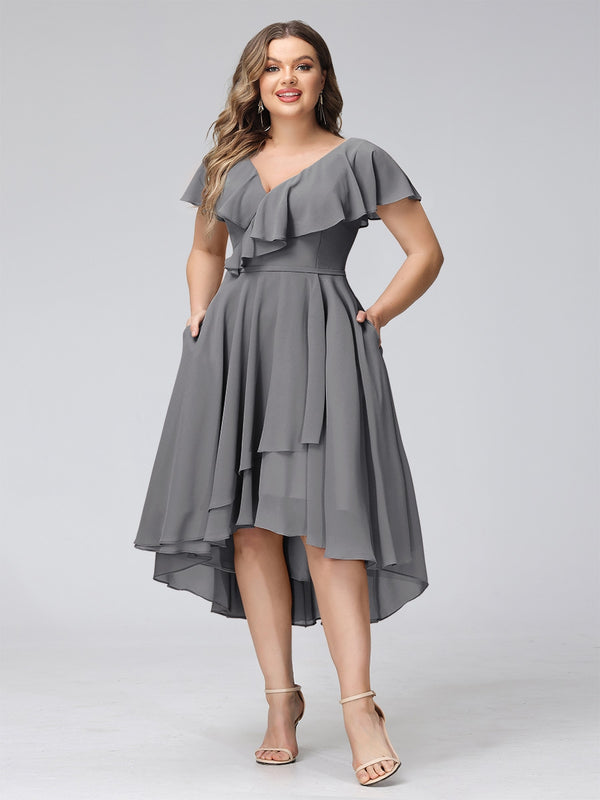 A-Line V-Neck Short Sleeves Asymmetrical Chiffon Plus Size Bridesmaid Dresses With Pockets