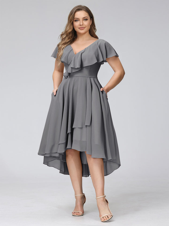 A-Line V-Neck Short Sleeves Asymmetrical Chiffon Plus Size Bridesmaid Dresses With Pockets