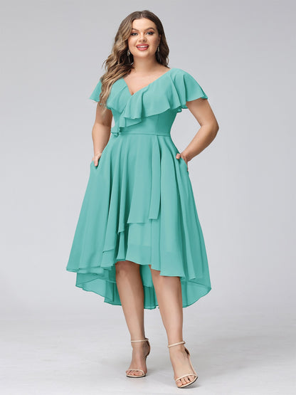 A-Line V-Neck Short Sleeves Asymmetrical Chiffon Plus Size Bridesmaid Dresses With Pockets
