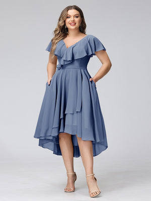 A-Line V-Neck Short Sleeves Asymmetrical Chiffon Plus Size Bridesmaid Dresses With Pockets