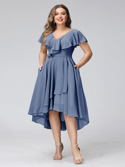 A-Line V-Neck Short Sleeves Asymmetrical Chiffon Plus Size Bridesmaid Dresses With Pockets