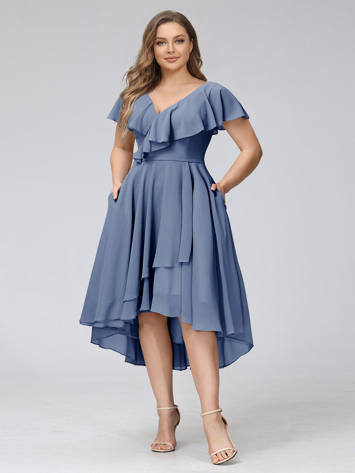 A-Line V-Neck Short Sleeves Asymmetrical Chiffon Plus Size Bridesmaid Dresses With Pockets