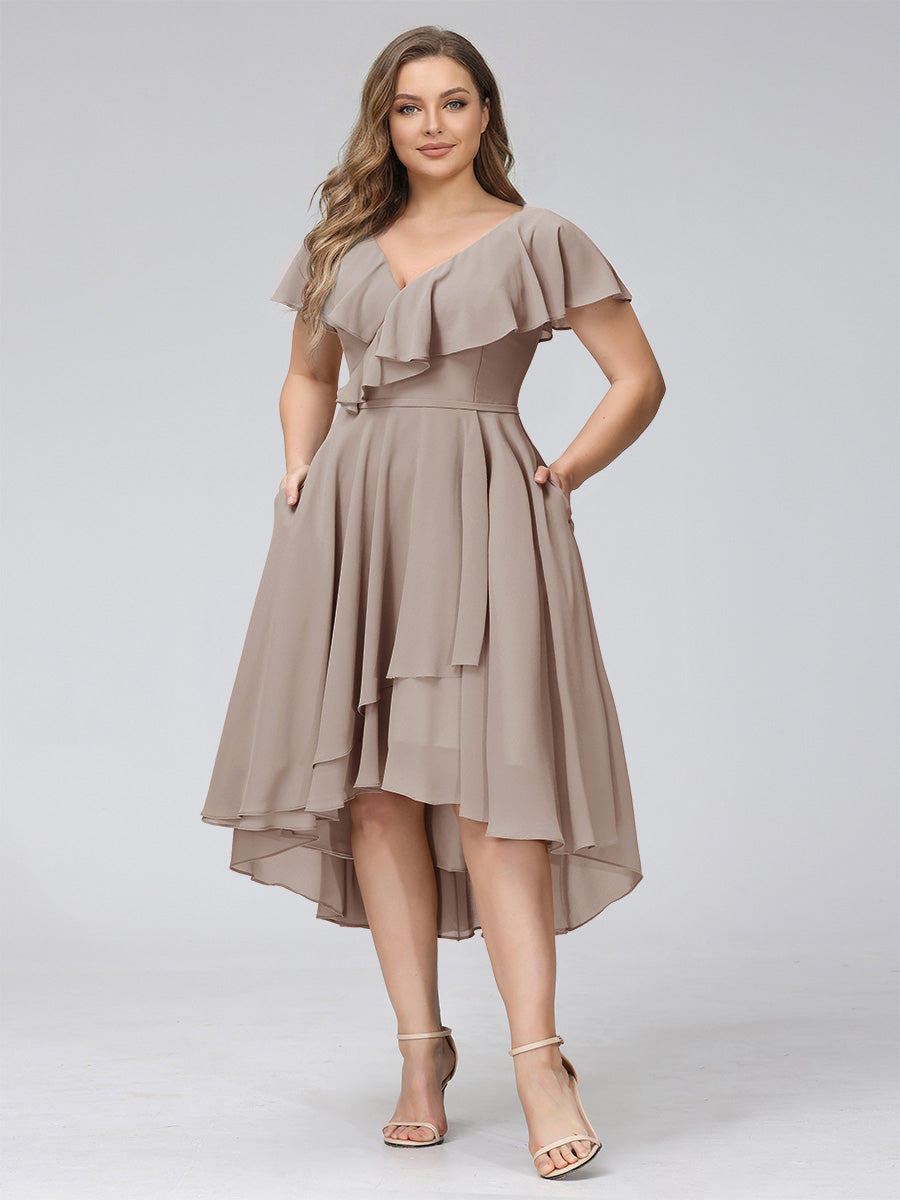 A-Line V-Neck Short Sleeves Asymmetrical Chiffon Plus Size Bridesmaid Dresses With Pockets