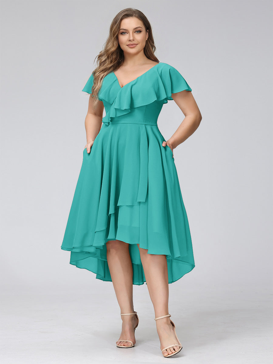 A-Line V-Neck Short Sleeves Asymmetrical Chiffon Plus Size Bridesmaid Dresses With Pockets