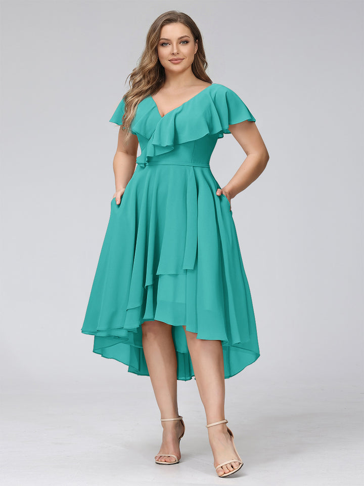 A-Line V-Neck Short Sleeves Asymmetrical Chiffon Plus Size Bridesmaid Dresses With Pockets