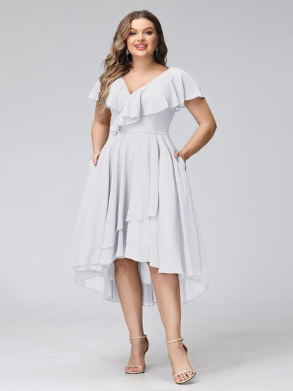 A-Line V-Neck Short Sleeves Asymmetrical Chiffon Plus Size Bridesmaid Dresses With Pockets