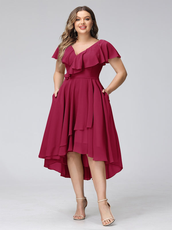 A-Line V-Neck Short Sleeves Asymmetrical Chiffon Plus Size Bridesmaid Dresses With Pockets