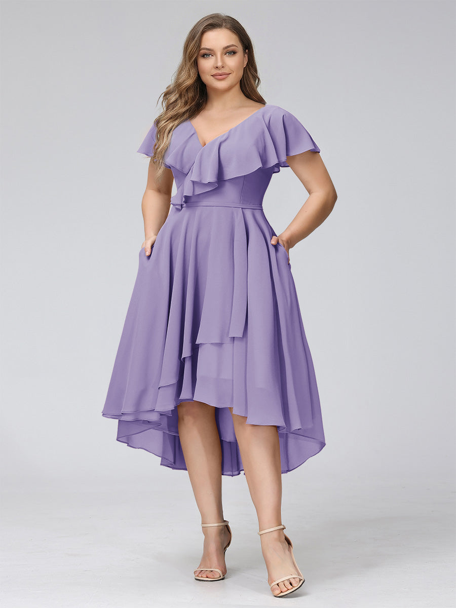 A-Line V-Neck Short Sleeves Asymmetrical Chiffon Plus Size Bridesmaid Dresses With Pockets