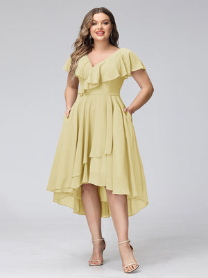 A-Line V-Neck Short Sleeves Asymmetrical Chiffon Plus Size Bridesmaid Dresses With Pockets